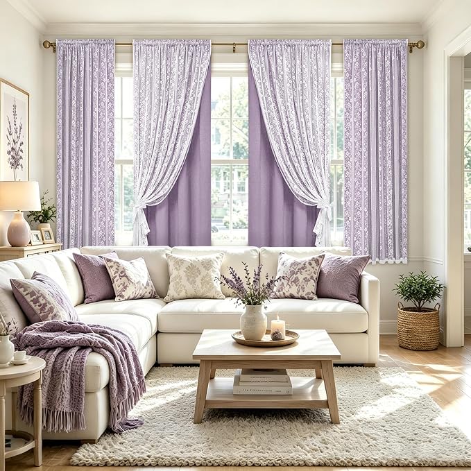 ASPMIZ Linen Curtains for Living Room Double Layer Curtains with Linen Lace, Purple Curtain for Bedroom Light Filtering, Rod Pocket Drapes 63 Inch Length 2 Panels Set with 2 Tiebacks, 52x63