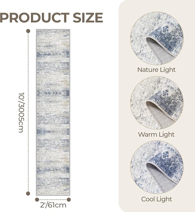 2x10 Runner Rug Non Slip,Washable Hallway Runner Rug,Blue | Long Neutral Rugs for Kitchen,Entryway,Bedroom,Bathroom,Laundry Room,Thin,Soft Runner Rug,Stain Resistant Indoor Carpet