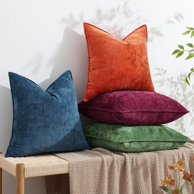 decorUhome Chenille Rhododendron Throw Pillow Covers 22x22 Set of 2 | Fall Soft Euro Sham Couch Decorative Modern Velvet Pillow Cases with Elegant Design for Sofa Bed Living Room Home Decor