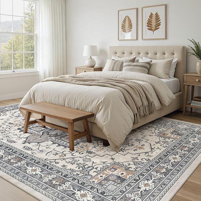 UERMEI 9x12 Area Rug Living Room Rugs - Washable Vintage Soft Large Rug Indoor Floor No Slip Rug Carpet for Bedroom Farmhouse Under Dining Table Home Office Decor - Grey-Orange