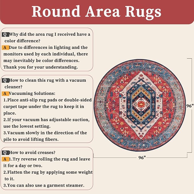 SERISSA Boho Round Area Rug, 8ft Washable Non-Slip Circle Rug, Ultra Soft Large Oriental Vintage Rust Low-Pile Circular Carpet for Living Room Bedroom Dining Room Kids Room Office College Dorm