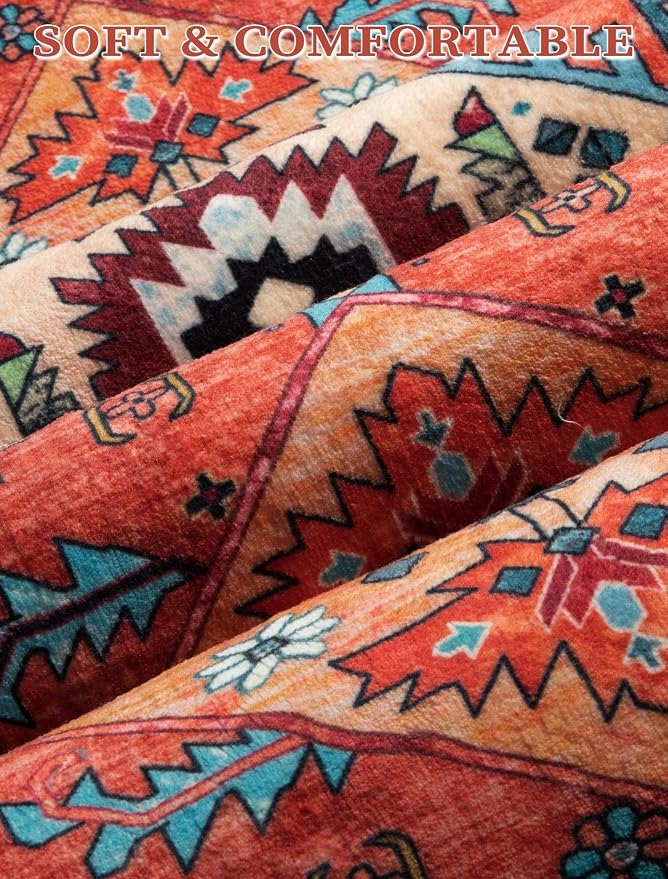 SERISSA Runner Rug for Hallways, 3x12 Washable Non Slip Kitchen Runner Rug, Extra Long Boho Rug Ultra Soft Vintage Orange Print Floor Carpet for Bedroom Hallway Entryway Bathroom Laundry Room