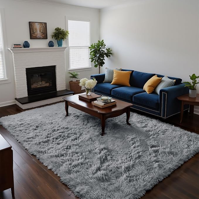 Fluffy Rug Shag Area Rug, Light Grey 4x6 Area Rugs for Bedroom, Small Bedside Rug, Soft Fluffy Shag Entryway Throw Rugs for Living Room Bedroom Room Home Decor