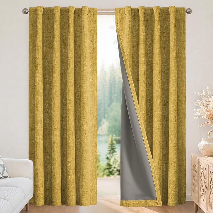 Joydeco Blackout Curtains for Bedroom - 100% Light Blocking 2 Panels Set Yellow Drapes 37" W x 90" L, Thermal Insulated Room Darkening Curtains, Linen Textured for Living Room, Rod Pocket & Back Tabs