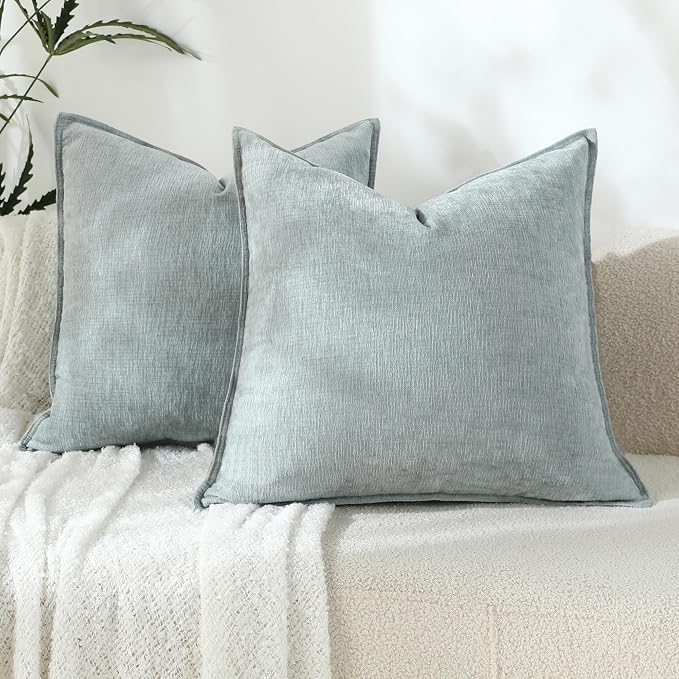 Stellhome Pack of 2 Soft Textured Throw Decorative Pillow Covers Square Accent Solid Chenille Cushion Cover Cozy Farmhouse Pillow Case for Couch Sofa Bedroom Living Room 22x22 Inch, Aqua Haze