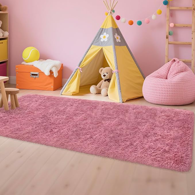 Soft Runner Rug for Bedroom Living Room, 2x8 ft Fluffy Blush Pink Rug for Bedroom Girls Room, Washable Girls Fuzzy Rugs for Kids Room Bedside Nursery Dorm Pink Shag Carpet Runner for Hallway