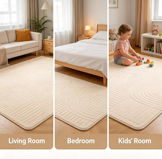 Beige 8x10 Solid Color Area Rug – Washable Living Room Rug, Ultra Soft High-Low Pile Textured Carpet, Modern Non-Slip Indoor Rugs for Bedroom, Nursery, Kids Room, Apartment, Home Office