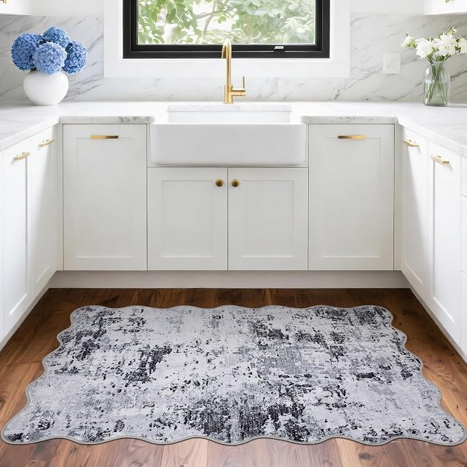 ROYHOME Modern Abstract Scalloped 2x3 Area Rug Non Slip Non Shedding Low Pile Stain Resistant Rug for Entryway Kitchen Bedroom,Grey