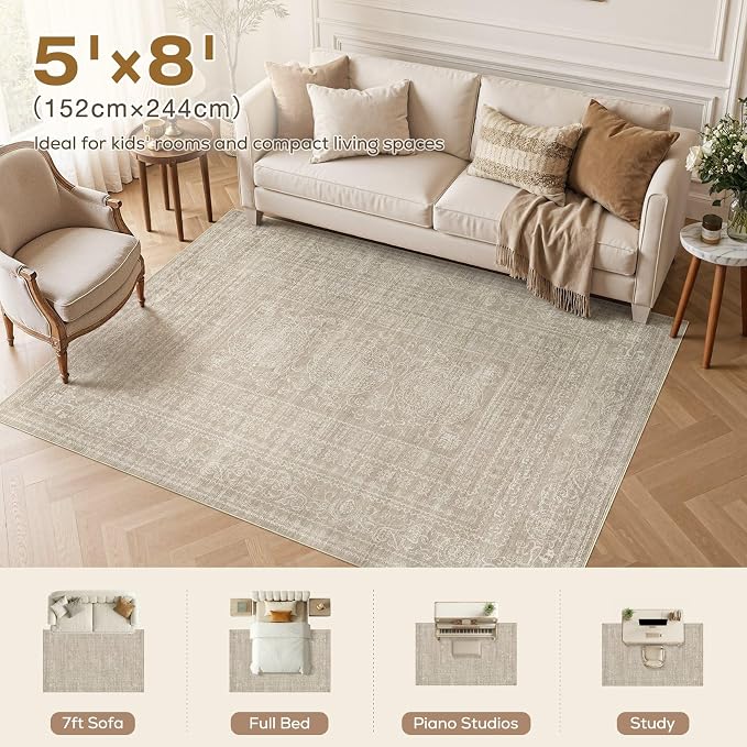Nakagishi 5X8 Area Rugs Living Room: Washable Large Vintage Rug Neutral Non-Slip Soft Stain Resistant Indoor Carpet for Bedroom Nursery Dining Room Office Playroom - Brown