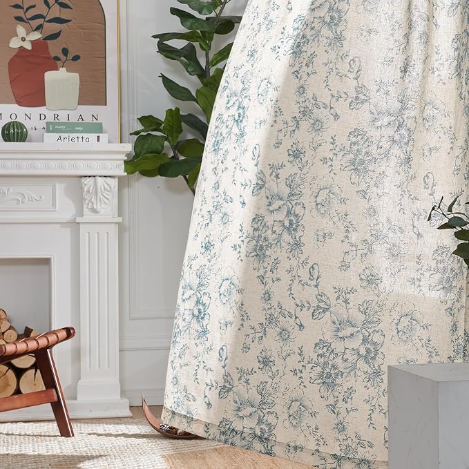 jinchan Blue Floral Linen Curtains 96 Inch Vintage Back Tab 2 Panels | Light filtering drapes, semi sheer, farmhouse, cottagecore, rustic, living room, bedroom, rod pocket, window treatment