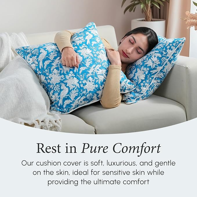 CPC 100% Cotton Throw Pillow Covers 18x18 Inch, Set of 2 Blue Block Print Pattern Couch Pillow, Cute Boho Decorative Pillows for Living Room, Bedroom with Hidden Zipper- Blue Sapphire
