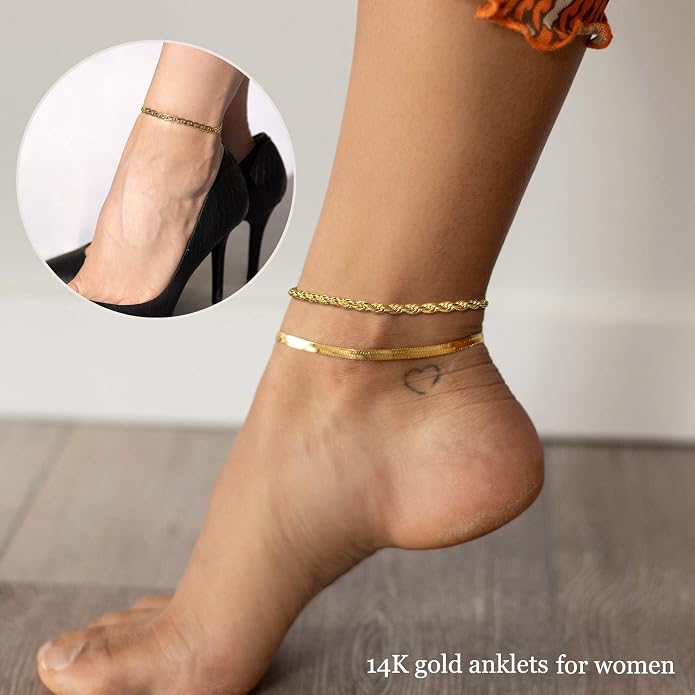 DEARMAY Gold Anklets for Women Waterproof, Non Tarnish14K Gold Plated Ankle Bracelets Set Stack, Summer Beach Jewelry Gifts for Vacation, Bikini Outfits for Women Mom Her