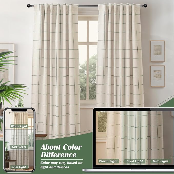 DriftAway 100% Blackout Plaid Linen Curtains W52xL90 Loden Green | 100% Blackout, Linen Texture, Plaid Pattern, Two Layers, Rod Pocket & Back Tab, Bedroom Living Room Use, Luxury Appearance