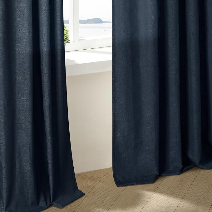 Navy Pinch Pleated Linen Semi Sheer Short Curtains 45 Inch Length 2 Panels | for Kitchen Small Bay Window Basement, Pinch Pleated with Hooks Rings Back Tab, Memory Shape, Thick Linen Semi Sheer, W40xL45