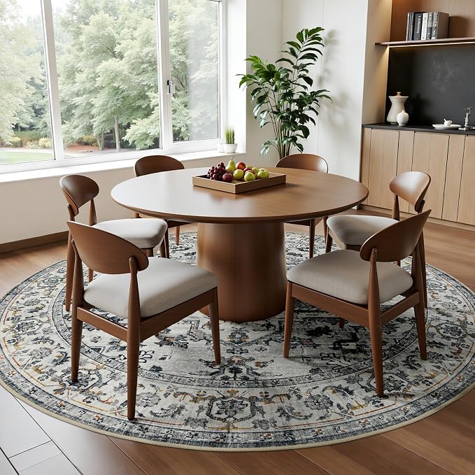 Joydeco Washable Area Rug, 6ft Round Rugs for Living Room,Non Slip Machine Washable Vintage Rug, Low Pile Thin Chenille Print Rugs for Bedroom, Dining Room, White&Light Gray&Dark Gray