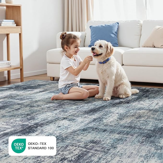 Lofus 6x9 Area Rug for Living Room, Blue Abstract Rugs with Non-Slip Backing, Neutral Modern Washable Carpet for Bedroom Dining Room Home Office Nursery Indoor