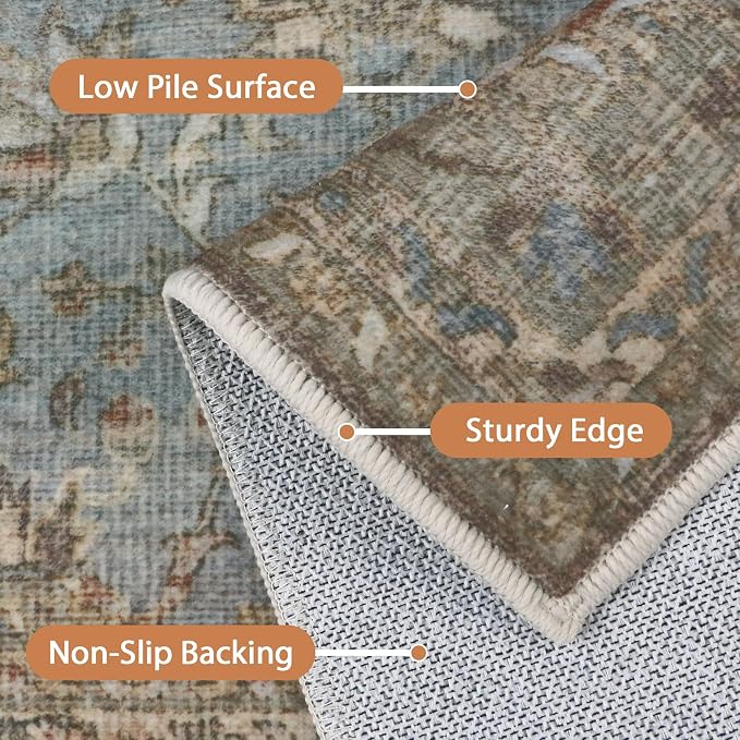 BESBLEE 8X10 Area Rugs Machine Washable Rugs for Living Room, Vintage Boho Large Rugs for Bedroom Dining Room, Non Slip Indoor Soft Distressed Lightweight Thin Low Pile Carpet, Weathered Teal