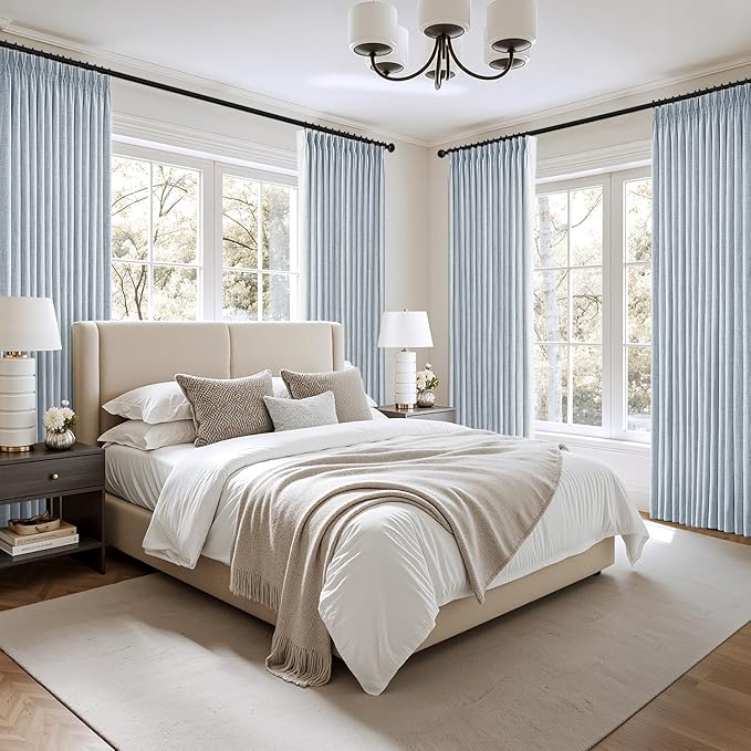 MIULEE Pinch Pleated Thick Linen Curtains 96 Inch 4 Panels Set Back Tab Memory Trained Pinch Pleat Semi Sheer Light Filtering Privacy Let Light in Window Drapes for Living Room Bedroom Chambray Blue
