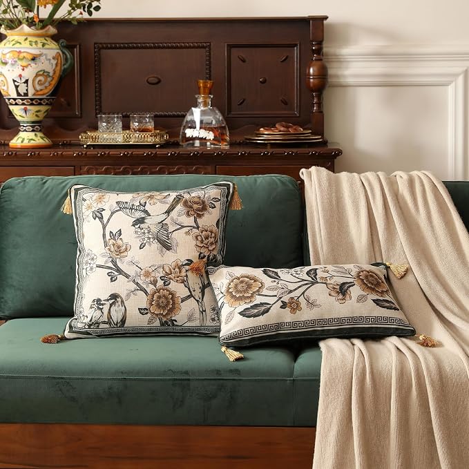 ISAENNE Vintage Linen Square Throw Pillow Cover,Set of 2,18"x18"-Murad A | Designer French Decor Pillow Cover,Concealed Zipper Design,Floral and Bird Pattern,Sofa,Bedroom,Living Room,Lounge Chairs