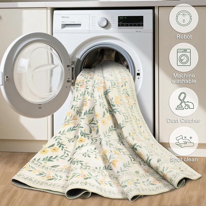 Runner Rug for Entryway: 2x5 Kitchen Rugs Non Slip Washable Ultra-Thin Soft Floral Carpet Indoor Floor Stain Resistant Carpets for Hallway Bedroom Kitchen Laundry Bathroom Dorm Beige/Multi
