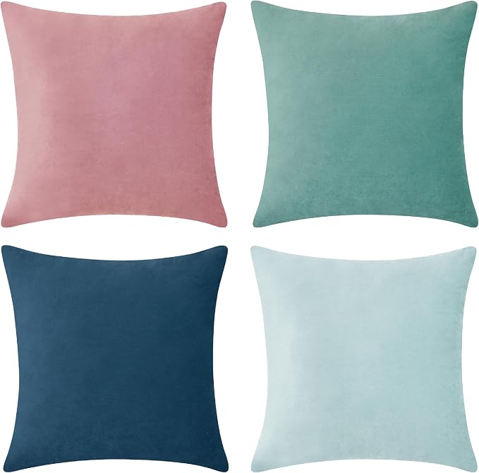 MONDAY MOOSE Decorative Throw Pillow Covers Cushion Cases, Set of 4 Soft Velvet Modern Designs, Mix and Match for Home Decor, Pillow Inserts Not Included (18x18 inch, Pink/Blue)