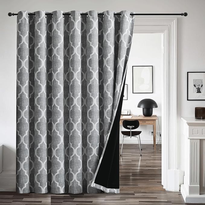 Beauoop Moroccan 100% Blackout Sliding Door Curtains Grey 100x84 1 Set | Geometric Room Darkening Patio Curtains Extra Wide Room Divider Drapes Thermal Soundproof Lattice Window treatment Grommet