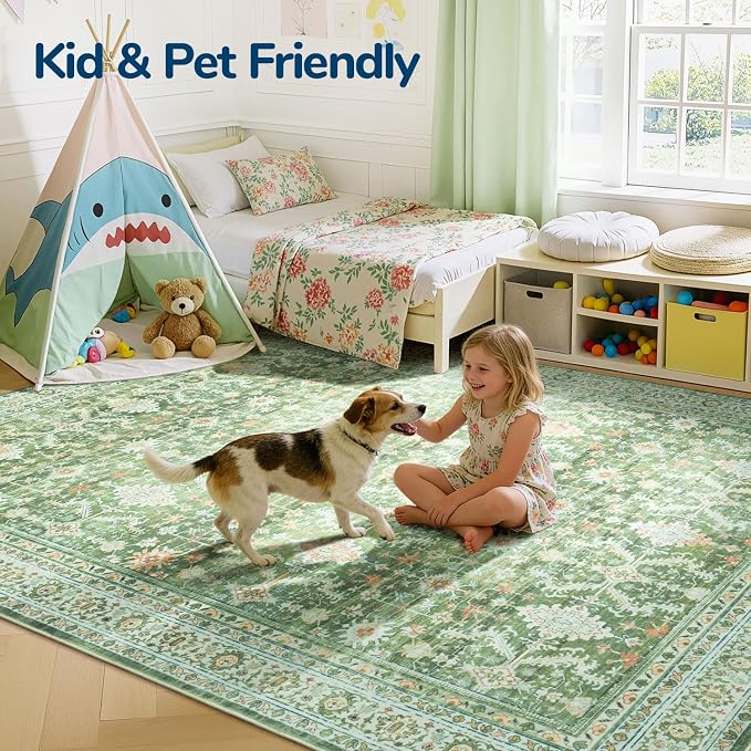 Lessymo Washable Area Rug for Living Room,8x10 Light Green Large Rugs with Non-Slip Backing,Soft Boho Carpets for Bedroom Dining Room Nursery Home Office