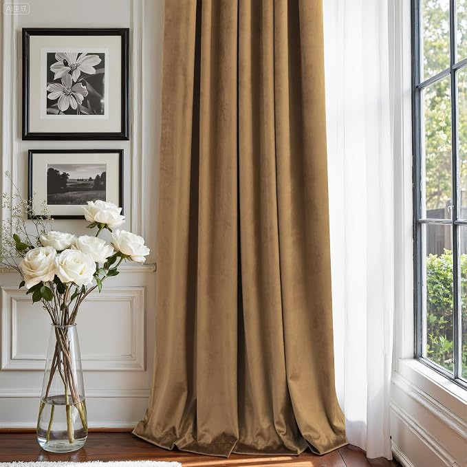 Pitalk Velvet Room Darkening Curtains Gold Brown for Living Room Divider Silk Satin Textured Thermal Soundproof Noise Reducing Drape for Master Bedroom Aesthetic Office Back Tab 72 Inch Length 2 Panel