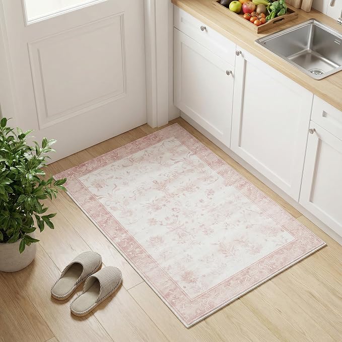 Washable Distressed Area Rug 2'x3' - Non-Slip Silicone Backing Door Mat for Entryway Bathroom - 0.26" Low Pile Water Resistant Faux Wool Rug for Vintage Farmhouse Accent, Pink & White