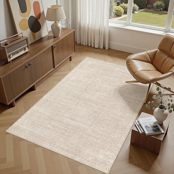 Nakagishi 4x6 Area Rugs Living Room: Washable Large Vintage Rug Neutral Non-Slip Soft Stain Resistant Indoor Carpet for Bedroom Nursery Dining Room Office Playroom - Beige