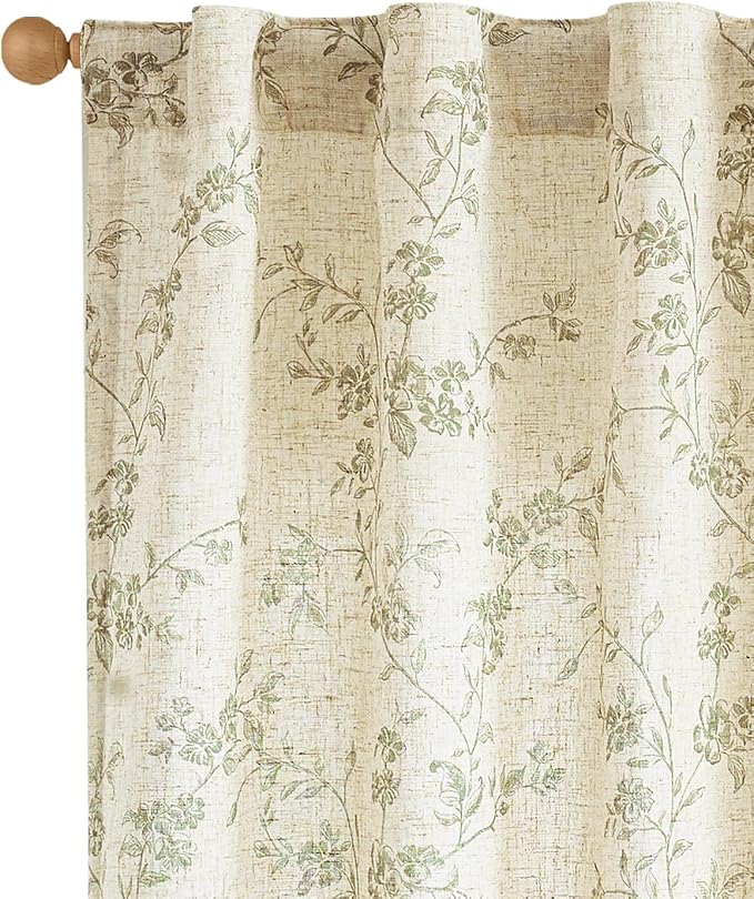 jinchan Green Floral Linen Curtains 63 Inch Farmhouse Back Tab 2 Panels | Flower patterned, small short drapes, french country, light filtering, semi sheer, privacy, bedroom, living room, home decor