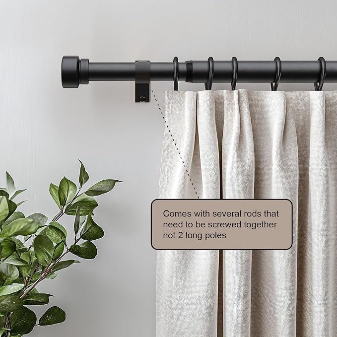 Lootkell 2 Pack Matte Black Curtain Rods for Windows 48-84 Adjustable | Heavy Duty 1" Window Curtain Rod,Solid Metal Finials,Modern Design,Fits Outdoor,Kitchen,Bedroom,Living Room,Farmhouse,Patio