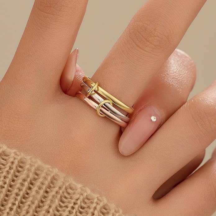 925 Sterling Silver Trinity Interlocking Fidget Anxiety Ring for Women 14K Gold Plated Spinner Stackable Promise Rings for Men Statement Connect 3 Finger Knuckle Ring Mothers Day Wedding Jewerly Gifts