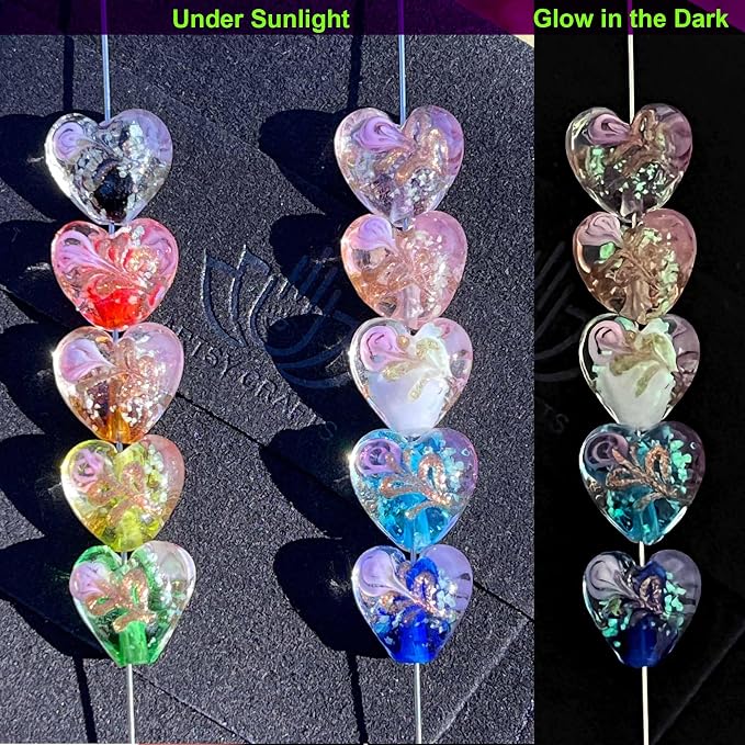 Artsy Crafts 20 Pcs Assorted Glow in The Dark Firefly Beads 12mm European Lampwork Luminous Glass Beads for Jewelry Making Charm Bracelet Necklace Earrings Crafts (Heart - Mix)
