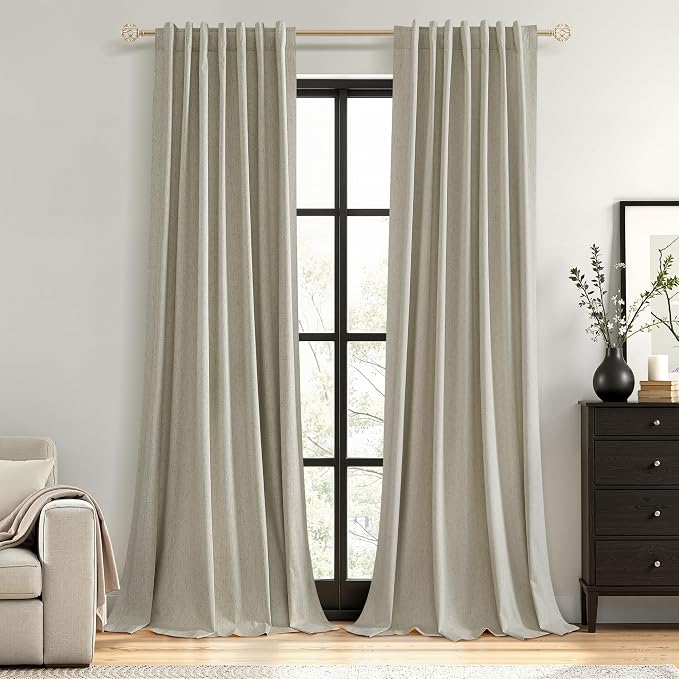 Guken Extra Long 100% Blackout Linen Curtains for Bedroom 102 inches Long, Thermal Insulated Room Darkening Black Out Window Drapes for Living Room, Back Tab Rod Pocket 2 Panels Set,Grey Flax,52x102