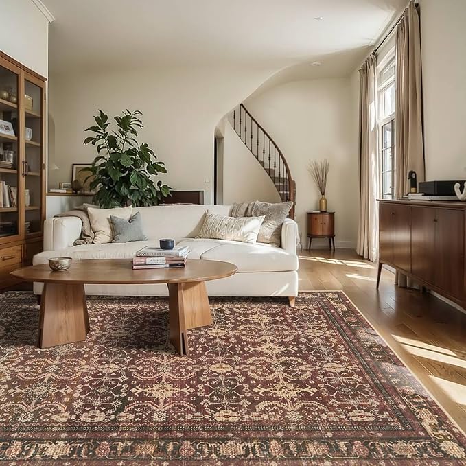 Rugxara Red 6x9 Area Rugs Washable Rug for Living Room Dining Room Bedroom | Non Slip, Oriental Rug for Office Farmhouse Kids Room, Stain Resistant, Soft, Low Pile, Vintage Boho Floral Retro Carpet