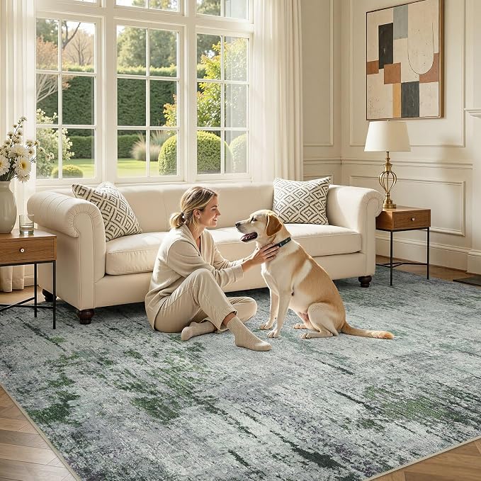 DMOYEST Area Rug Living Room Rugs - 10x12 Large Soft Indoor Neutral Modern Abstract Low Pile Washable Rug Carpet for Bedroom Dining Room Farmhouse Home Office - Green/Grey/Brown