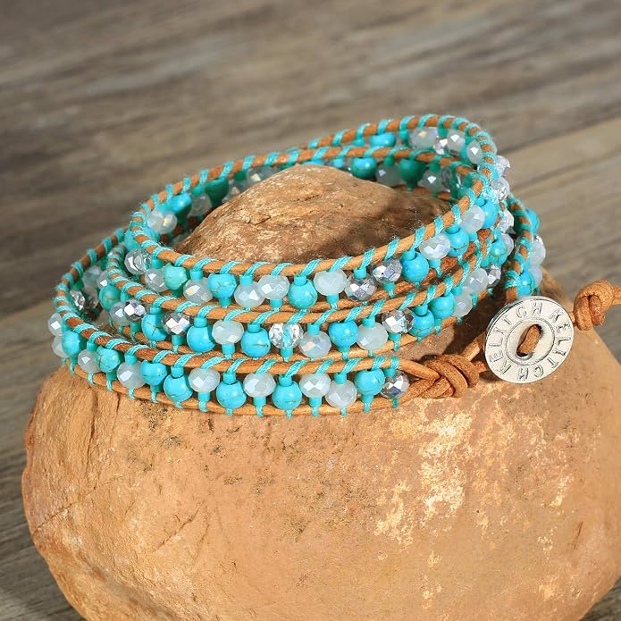 KELITCH Skull 3 Wrap Leather Bracelet Punk Beaded Bracelets Stackable Gothic Bangle Bracelets