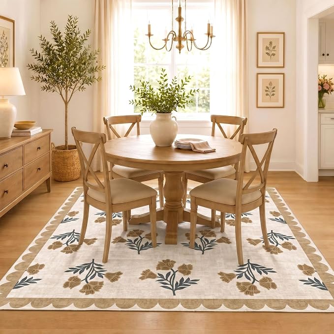 Beige Square Rugs 6ft - Soft Washable Boho Farmhouse Living Room Rug 6x6 Stain Resistant Dining Room Rugs for Under Table Cottage Floral Scalloped Area Rug for Bedroom Nursery Twin Beds Room