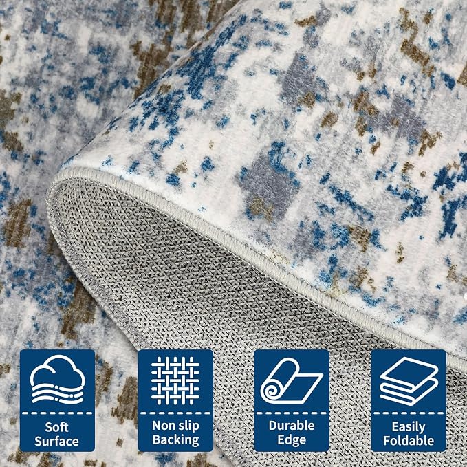 ROYHOME Modern Abstract 8x8 Round Area Rug Non Slip Non Shedding Rug Low Pile Stain Resistant for Bedroom Living Room Office Dining Room,Navy