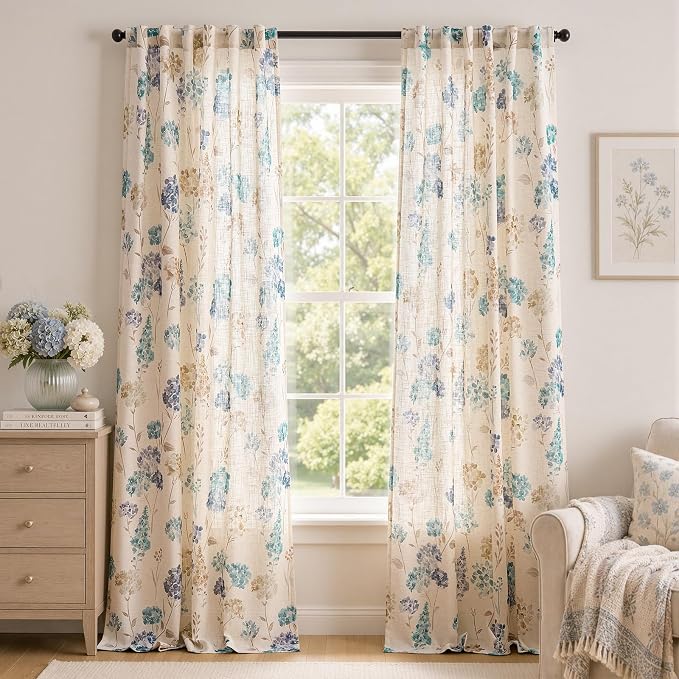 jinchan Floral Linen Curtains 96 Inch Vintage Cottagecore Back Tab 2 Panels | Light filtering drapes, semi sheer, farmhouse, botanical, watercolor, living room, bedroom, rod pocket, window treatment