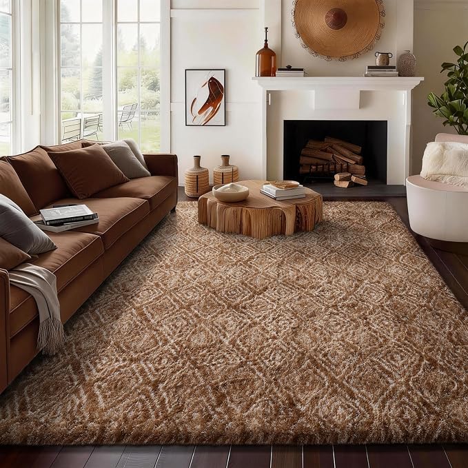 Ophanie 8x10 Brown and White Diamond Striped Rugs for Living Room,Large Fluffy Shag Fuzzy Plush Soft Carpets,Shaggy Rug for Bedroom,Carpet for Kids Boys Girls Dorm Decor with Over 99 pcs Pile fibers