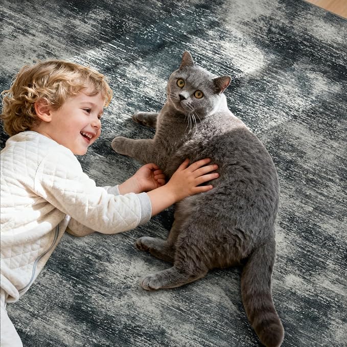 Joydeco 6x9 Area Rugs for Living Room, Non-Slip Modern Abstract Soft Washable Rug, Low Pile Carpet for Bedroom, Dining Room, Home Office, Pet & Child Friendly, Light Gray & White & Dark Gray