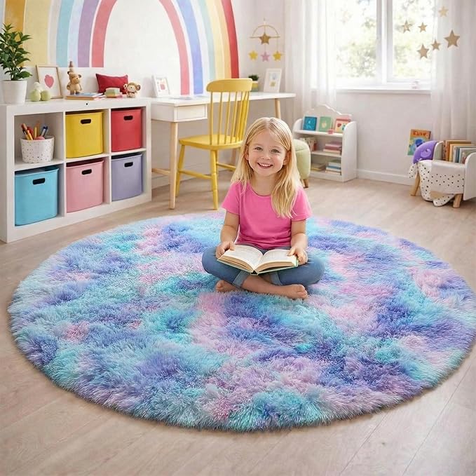 Amdrebio Purple Rainbow Round Rug 5Ft for Bedroom Girls Room Decor, Mermaid Kids Rugs for Playroom Nursery Dorm Classroom, Fluffy Fuzzy Cute Shag Carpet, Soft Kawaii Circle Area Rugs for Baby Toddler