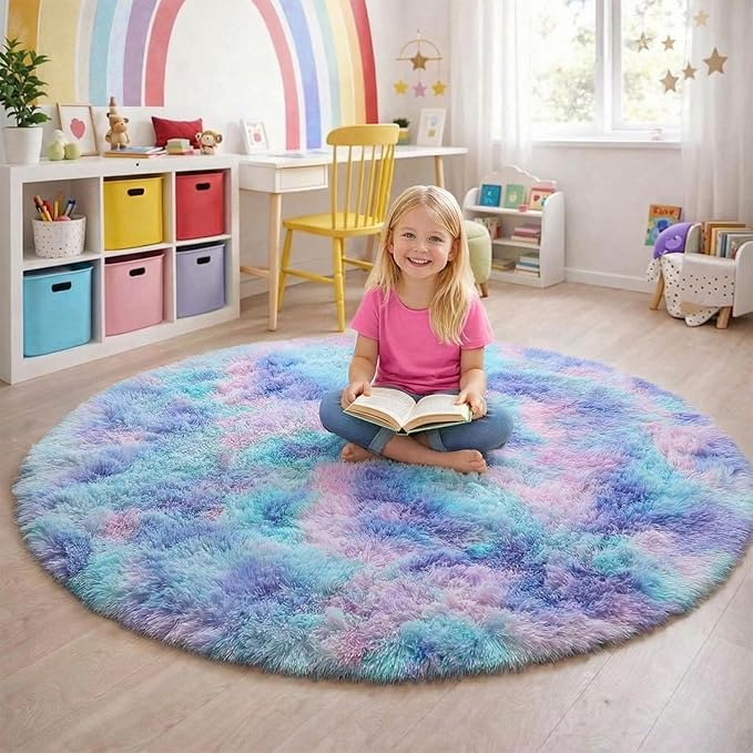 Amdrebio Purple Rainbow Round Area Rug 7Ft for Girls Bedroom Living Room Decor, Colorful Floor Mermaid Kids Rugs for Playroom Nursery Classroom, Fluffy Fuzzy Cute Plush Carpet, Large Big Circle Rug