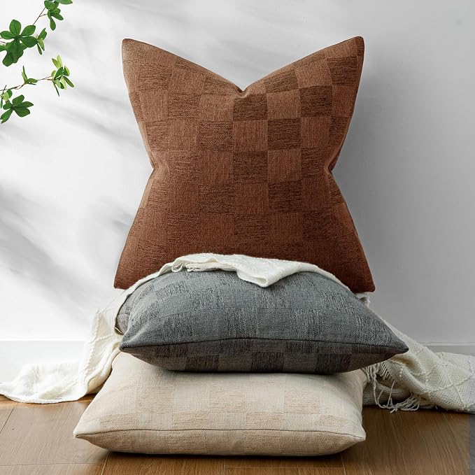 a moment Set of 2 Decorative Linen Throw Pillow Covers,Large Grid Textured Neutral Boho Farmhouse Cushion Covers,Soft Aesthetic Pillowcases for Couch Sofa Living Room Home Decor,22x22 Inch,Hazal