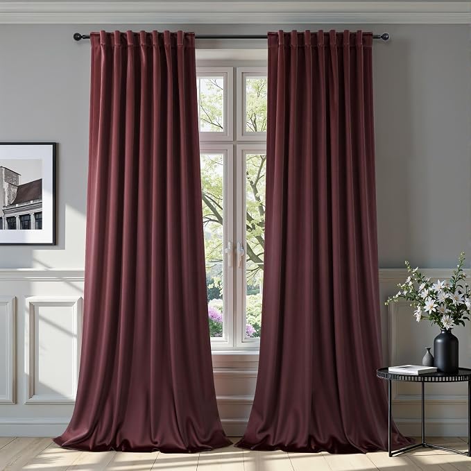 Ruby Wine Velvet Curtains 96 Inches Long for Living Room 2 Panels Light Blocking Energy Efficient Cute Pretty Drape Thick Privacy Nursery Girls Curtain for Bedroom Dining Mauve Plum Colored 96 Length