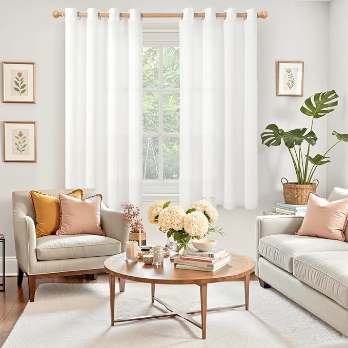 YoungsTex White Linen Semi Sheer Curtains 45 Inch Length for Kitchen Windows, Short Drapes Lightweight with Grommet Light Filtering Textured for Bedroom Cafe Bathroom, 2 Panels, 52 X 45 Inch