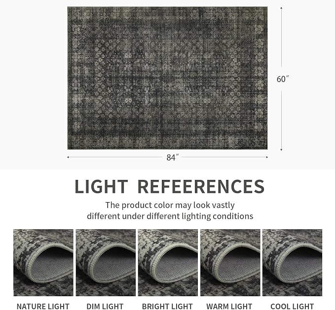 5x7 Vintage Washable Area Rug for Living Room,Low Pile Non Slip Carpet Non-Shedding Area Rug Soft Indoor Stain Resistant Rug Floral Print Mat for Bedroom Dining Room Black