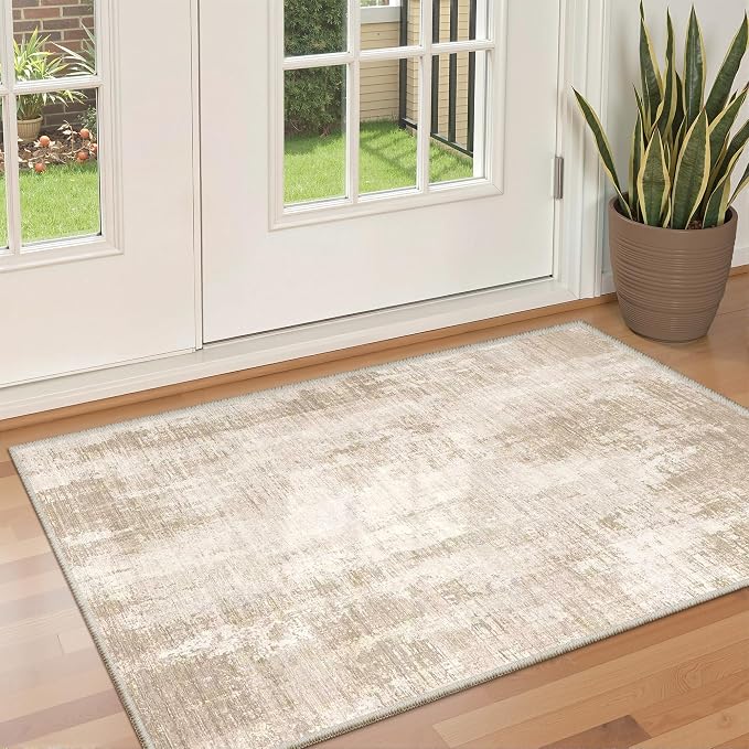 Valenrug Washable Rugs 3x5 - Stain Resistant 3x5 Area Rugs for Living Room, Non Slip Backing Abstract Entryway Rugs for Bedroom, Folable Machine Washable Area Rug(3'x5', Beige)